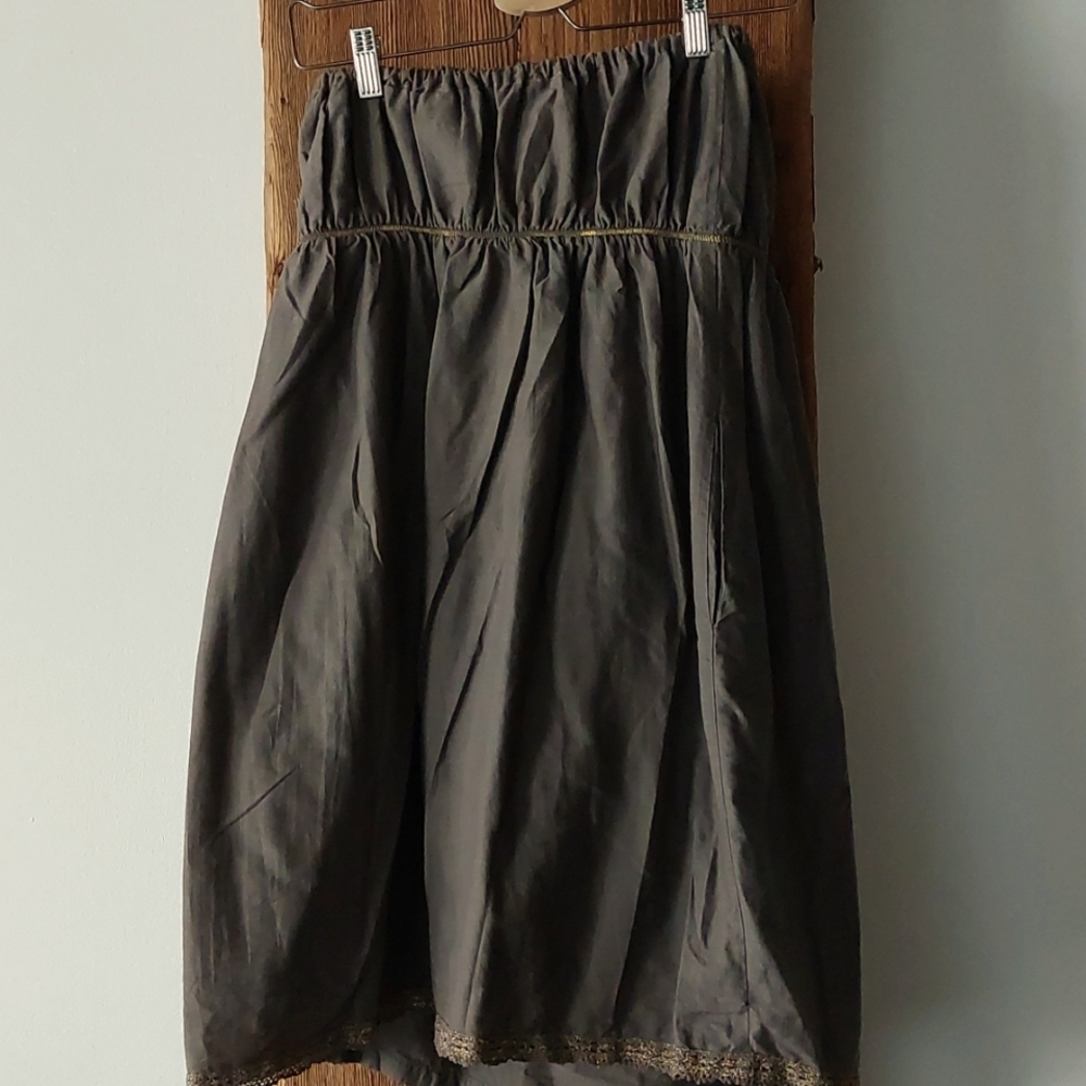EUC Anthropologie Grey tan gold thread strapless sundress FEI sz MED 100% Cotton